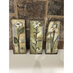 Vintage Set Of 3 Signed by S. Vassileva Relief Ceramic Flower Wall Art - 9" x 4”